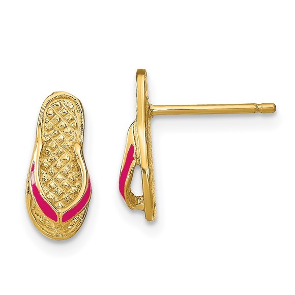 14k Yellow Gold 3D w Fuschia Enamel Single Flip-FlopPost Earrings